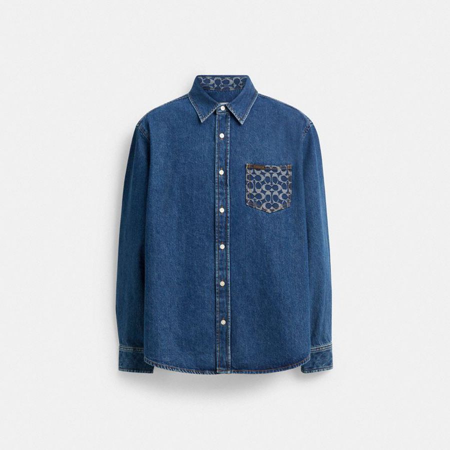 Camisa COACH Hombre Azules | 743-DZFTKA
